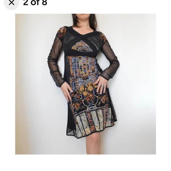 Vintage rare long sleeve midi mesh black with floral Save the Queen mesh dress - Picture 2 of 8